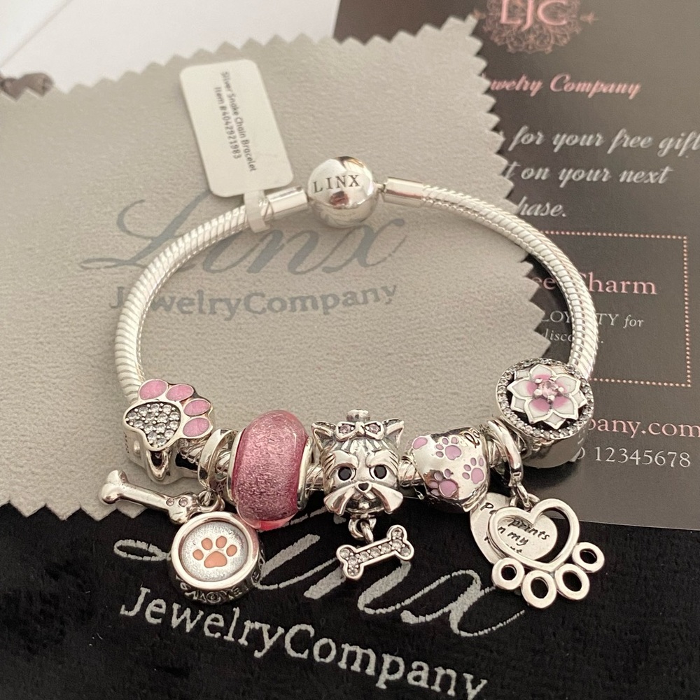 Linx Snake Chain Bracelet with Pink and Yorkshire Terrier Yorkie Themed Charms